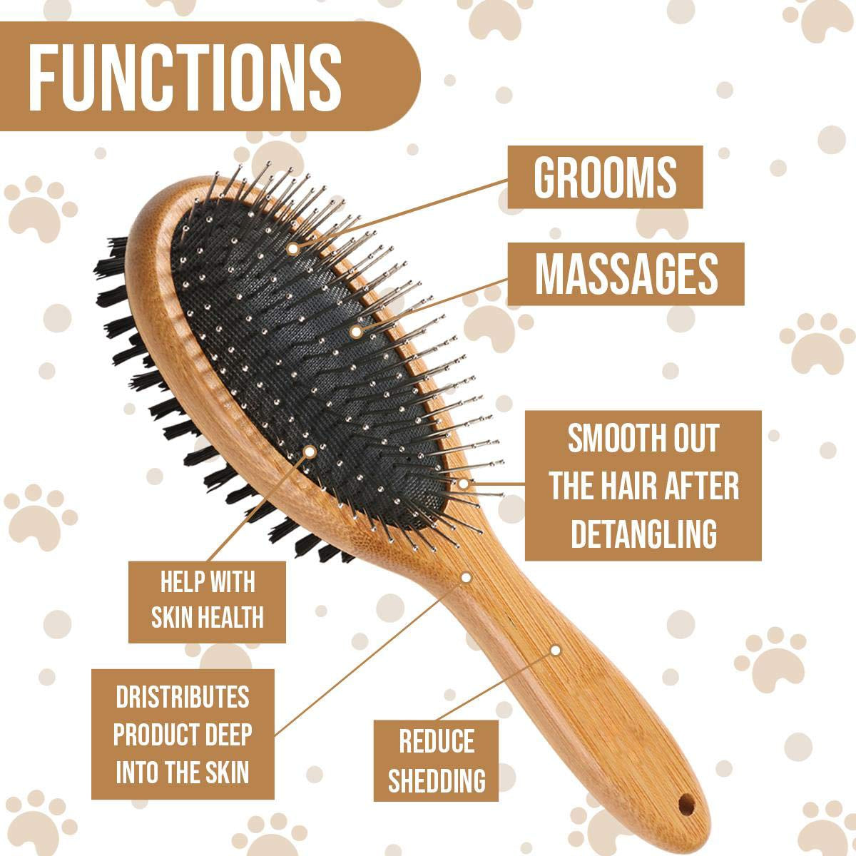 Dog Brush, Double Sided Pet Slicker Brush with Bamboo Handle for Dogs and Cats Long Hair Pets Grooming Comb for Removing Shedding, Tangles and Dead Undercoat