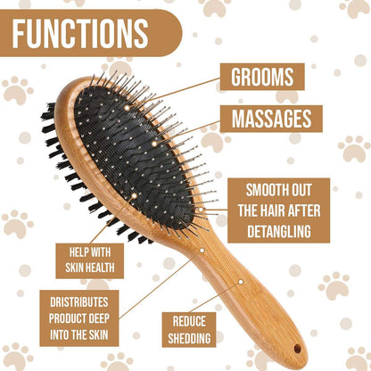 Dog Brush, Double Sided Pet Slicker Brush with Bamboo Handle for Dogs and Cats Long Hair Pets Grooming Comb for Removing Shedding, Tangles and Dead Undercoat