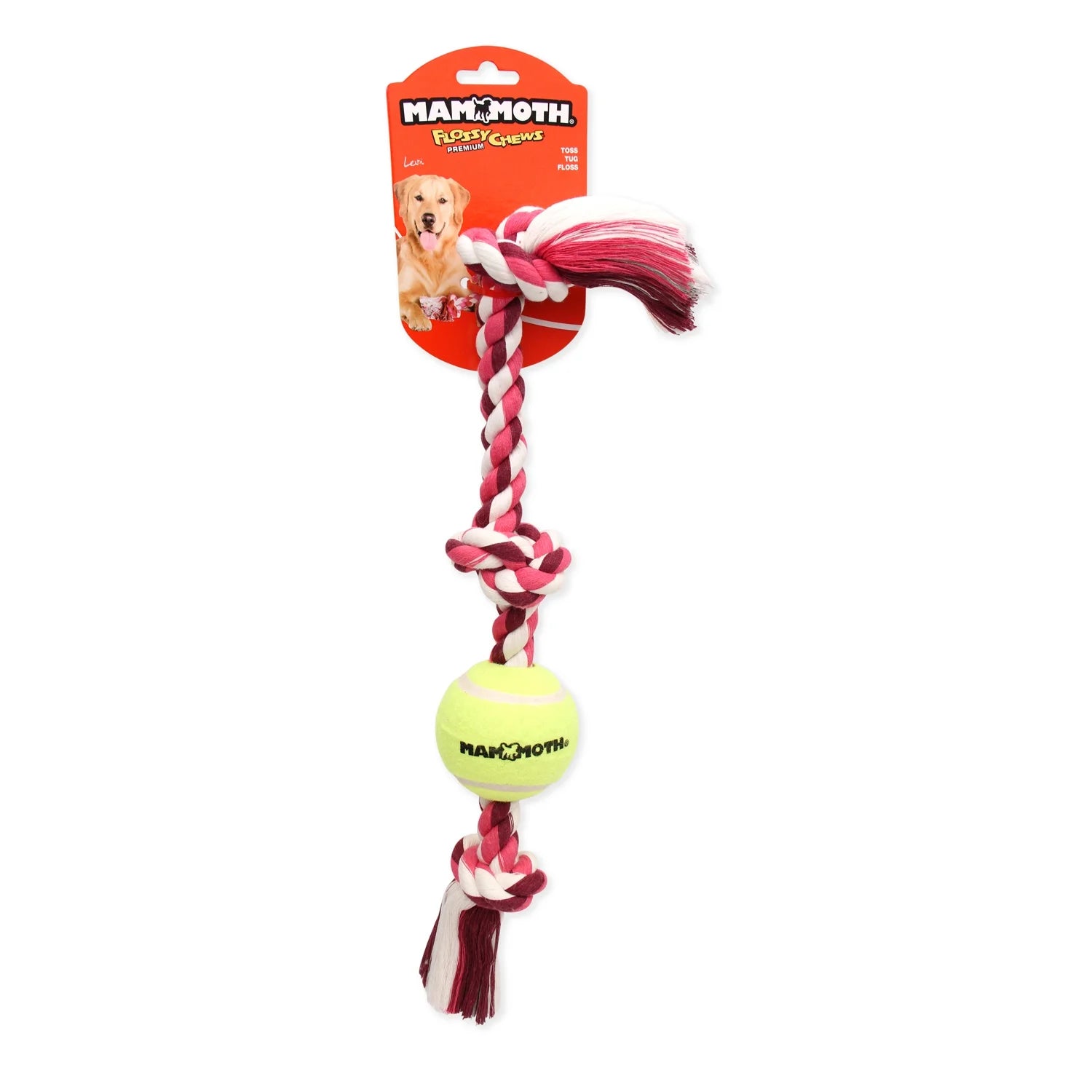 Flossy Chews Cottonblend 3 Knot Tug Rope Dog Toy with 3” Tennis Ball, Medium 20", Assorted Colors