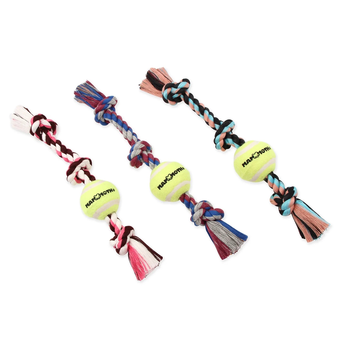 Flossy Chews Cottonblend 3 Knot Tug Rope Dog Toy with 3” Tennis Ball, Medium 20", Assorted Colors