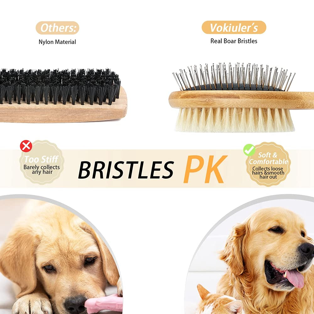 Dog Brush Cat Brush,  Double Sided Bristle and Pin Pet Brush for Dog Grooming, Real Boar Bristle Shedding Brush with Bamboo Handle for Long Short Hair, 2 Pack Dog Comb, White