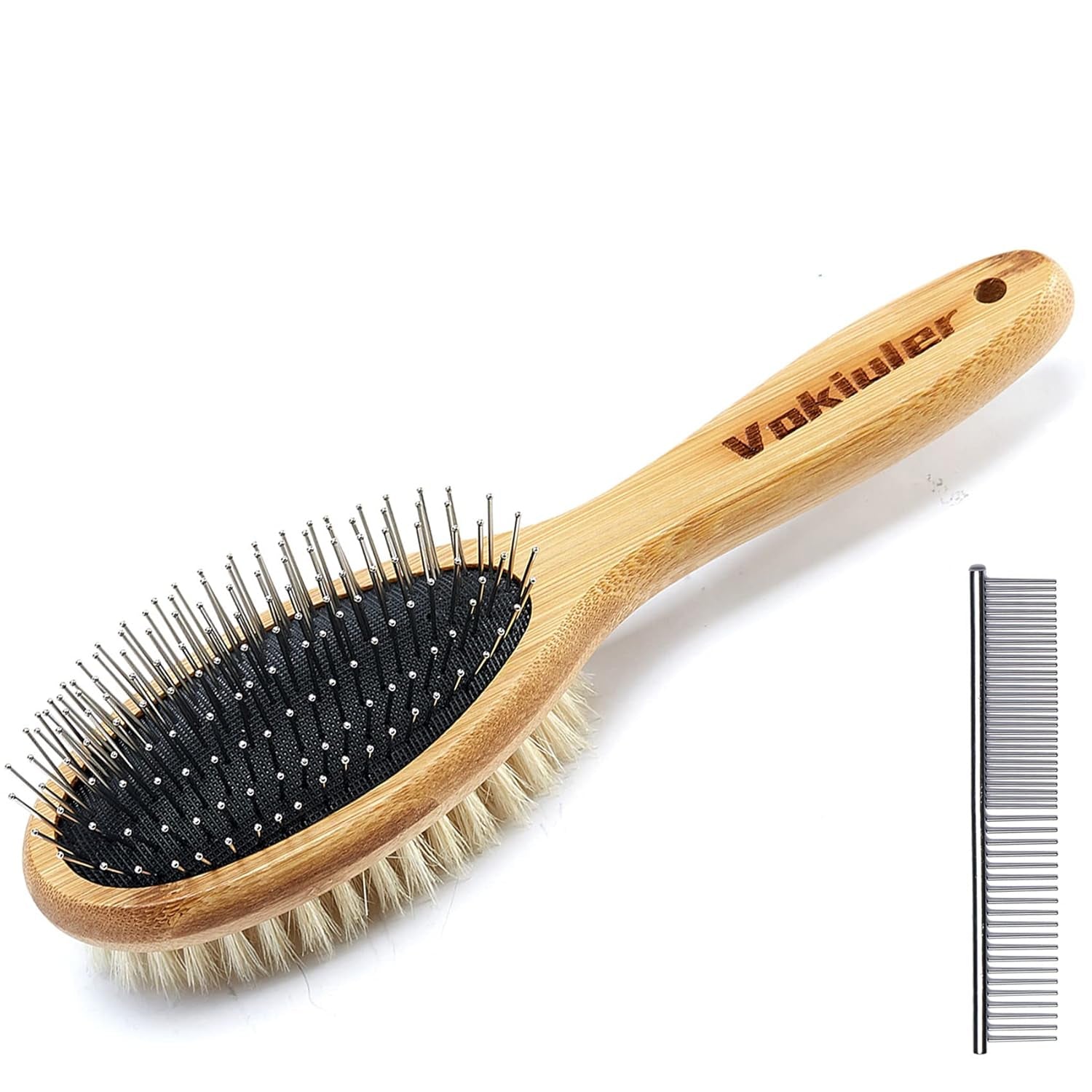 Dog Brush Cat Brush,  Double Sided Bristle and Pin Pet Brush for Dog Grooming, Real Boar Bristle Shedding Brush with Bamboo Handle for Long Short Hair, 2 Pack Dog Comb, White