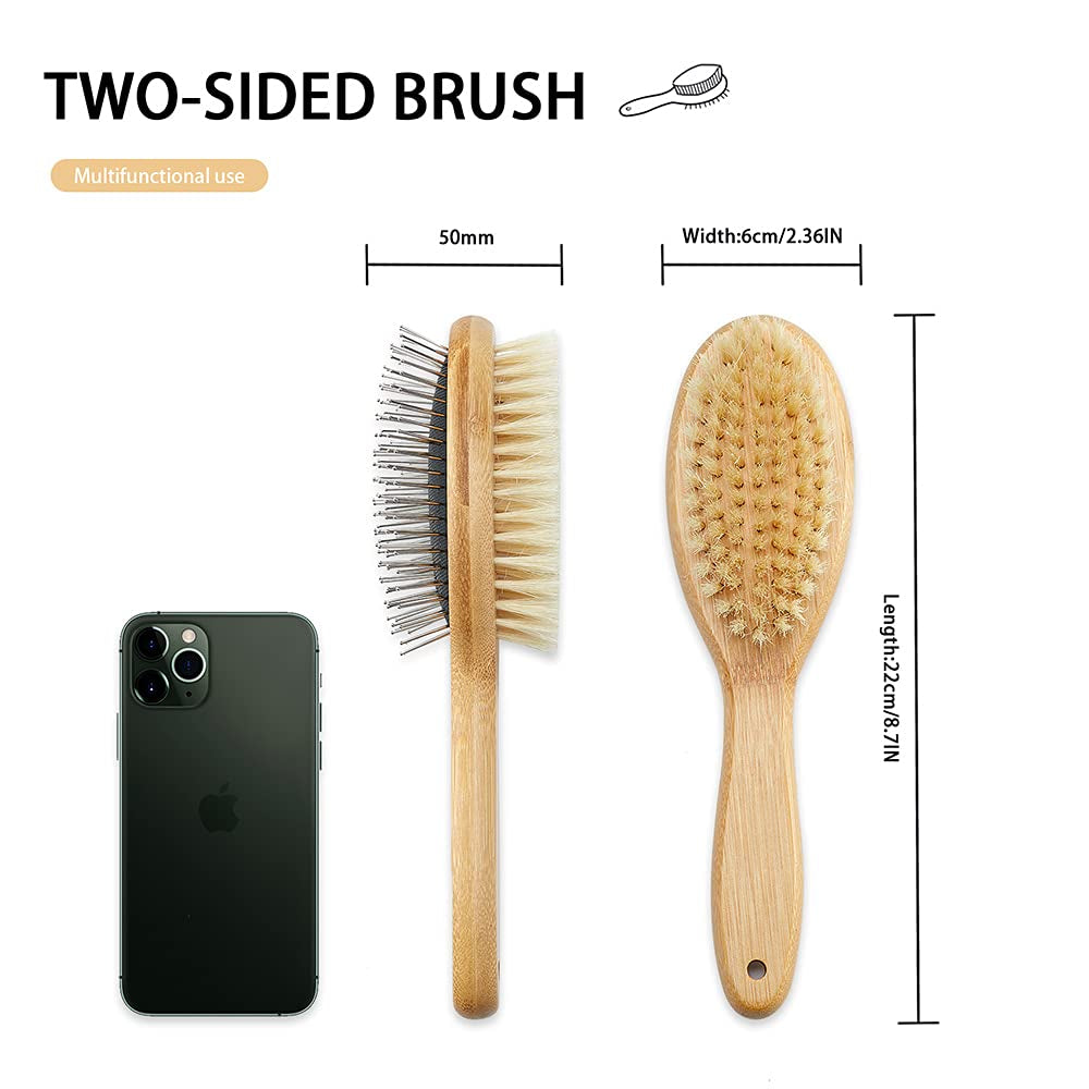 Dog Brush Cat Brush,  Double Sided Bristle and Pin Pet Brush for Dog Grooming, Real Boar Bristle Shedding Brush with Bamboo Handle for Long Short Hair, 2 Pack Dog Comb, White