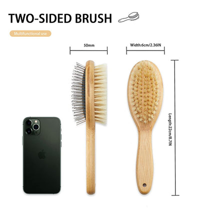 Dog Brush Cat Brush,  Double Sided Bristle and Pin Pet Brush for Dog Grooming, Real Boar Bristle Shedding Brush with Bamboo Handle for Long Short Hair, 2 Pack Dog Comb, White