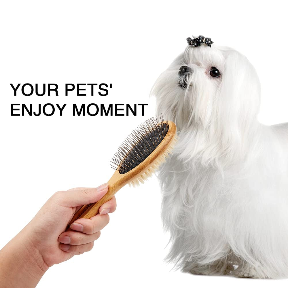 Dog Brush Cat Brush,  Double Sided Bristle and Pin Pet Brush for Dog Grooming, Real Boar Bristle Shedding Brush with Bamboo Handle for Long Short Hair, 2 Pack Dog Comb, White