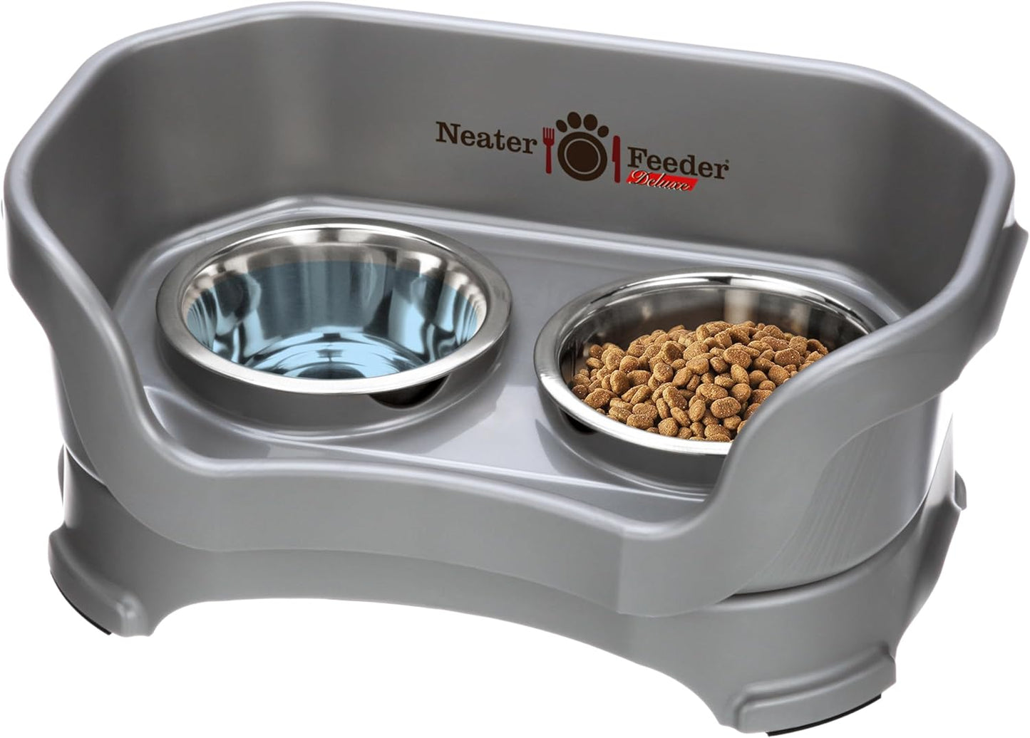 Neater Feeder - Deluxe Model - Mess-Proof Dog Bowls (Small, Gunmetal Grey) - Made in USA - Elevated, No Spill, Non-Tip, Non-Slip, Raised Stainless Steel Food & Water Pet Bowls