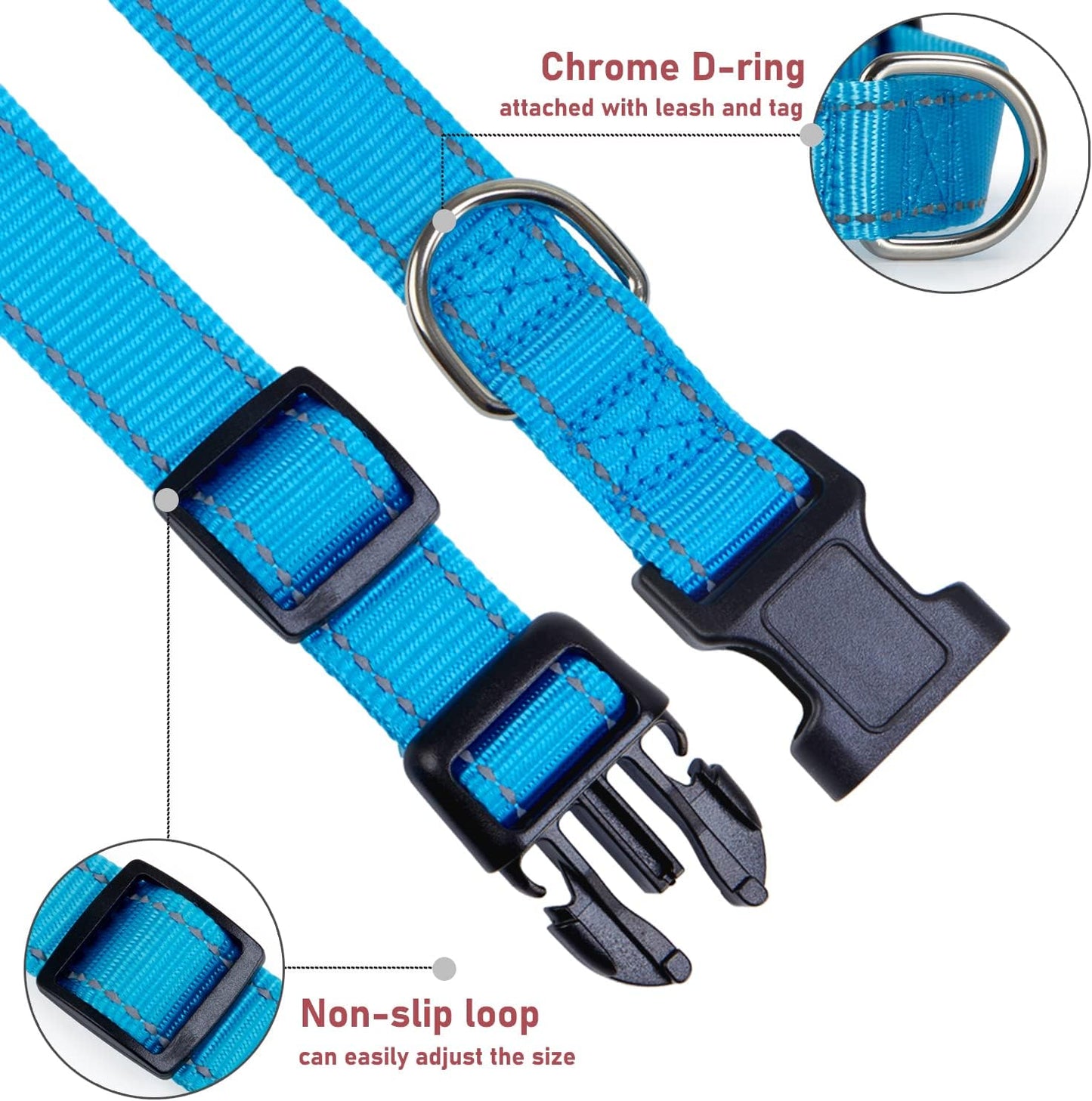 Reflective Dog Collar with Buckle Adjustable Safety Nylon Collars for Small Medium Large Dogs, Blue XL