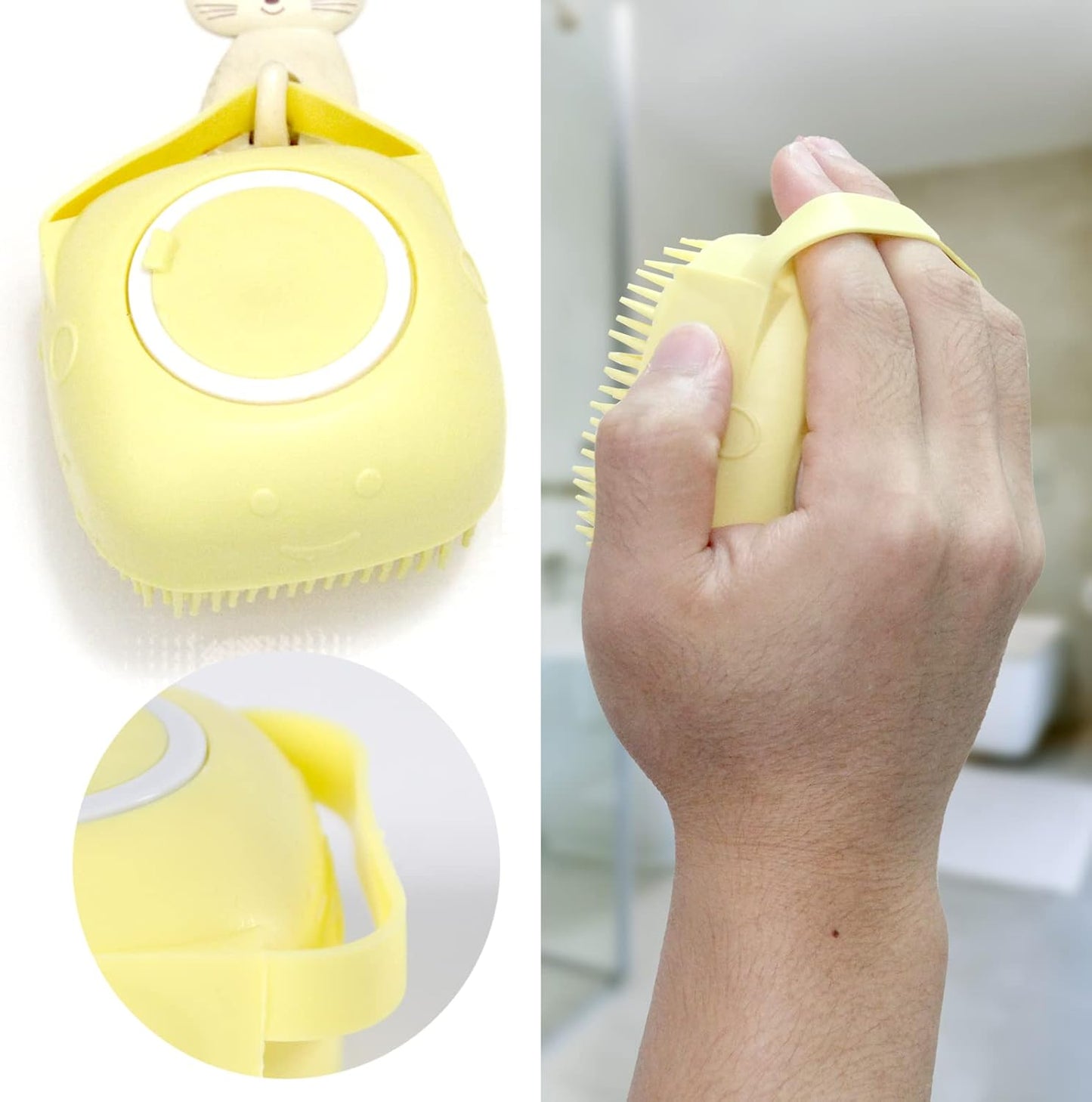 Dog Bath Brush, Pet Massage Brush Shampoo Dispenser, Soft Silicone Brush Rubber Bristle for Dogs and Cats Shower Grooming (Yellow)