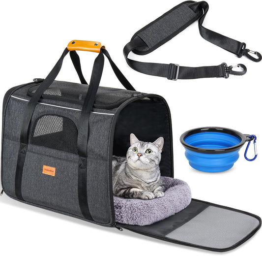 Pet Travel Carrier Bag, Portable Pet Bag - Folding Fabric Pet Carrier, Travel Carrier Bag for Dogs or Cats, Pet Cage with Locking Safety Zippers, Foldable Bowl, Airline Approved