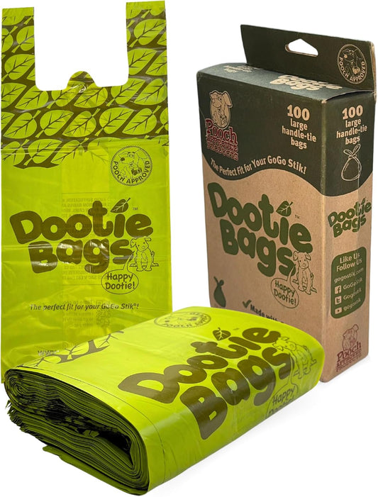 Dootie Bags® Medium-Large Poop Bags, 100 Count, with Tie Handles and Gussets. Strong and Leakproof. Made with Corn Starch. Fits  Pooper Scoopers.