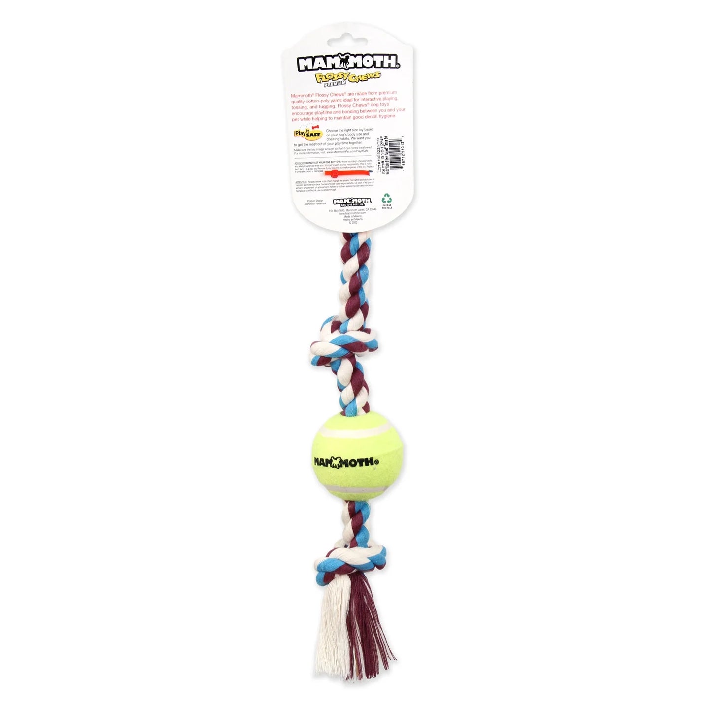 Flossy Chews Cottonblend 3 Knot Tug Rope Dog Toy with 3” Tennis Ball, Medium 20", Assorted Colors